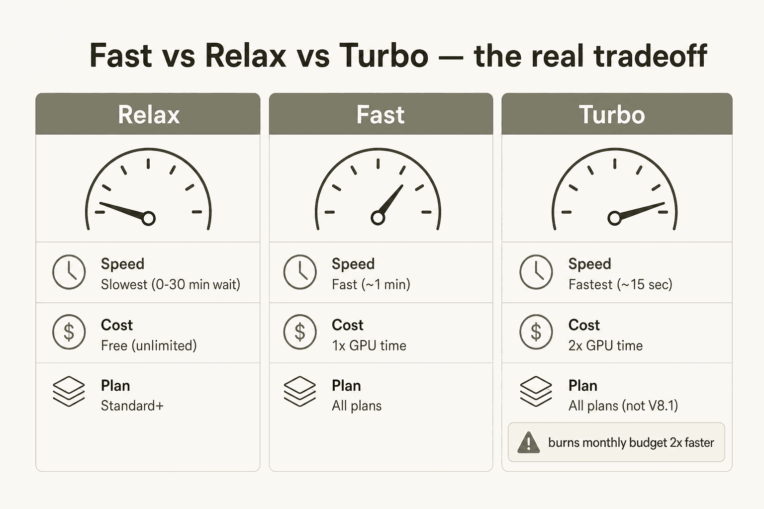 Fast vs Relax vs Turbo - der tatsächliche Kompromiss zwischen Geschwindigkeit und Kosten bei Midjourney