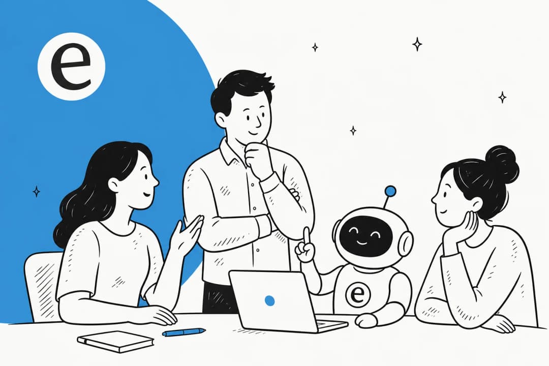 Editorial illustration of a support team coaching and training an AI support agent