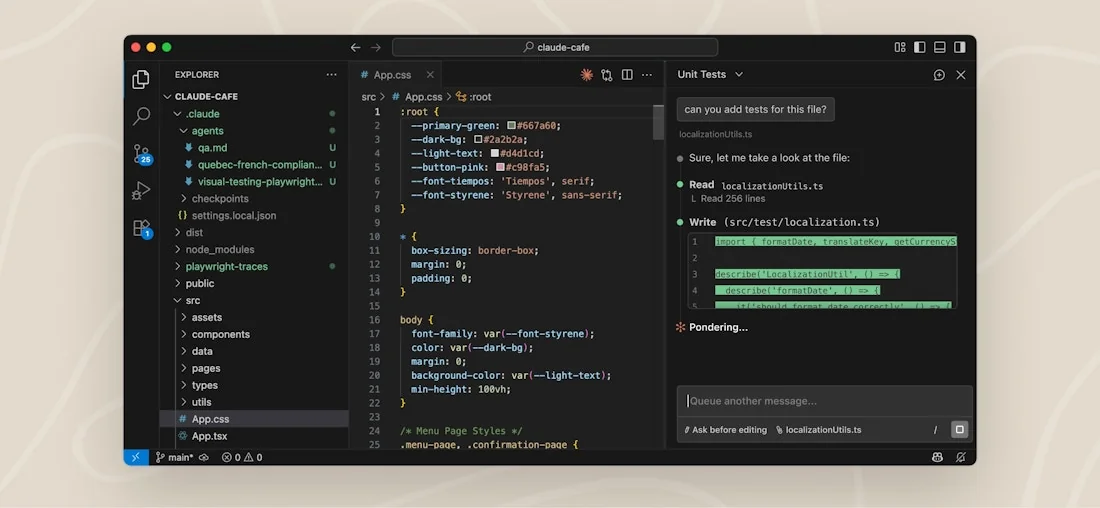 VS Code Editor mit geöffnetem Claude Code Erweiterungs-Panel, das eine Konversation zeigt, übernommen von Anthropic