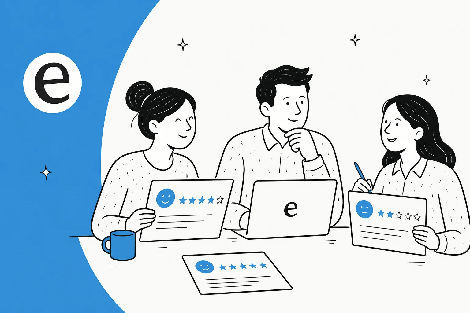 Illustration of a support team reviewing customer service feedback notes and ratings