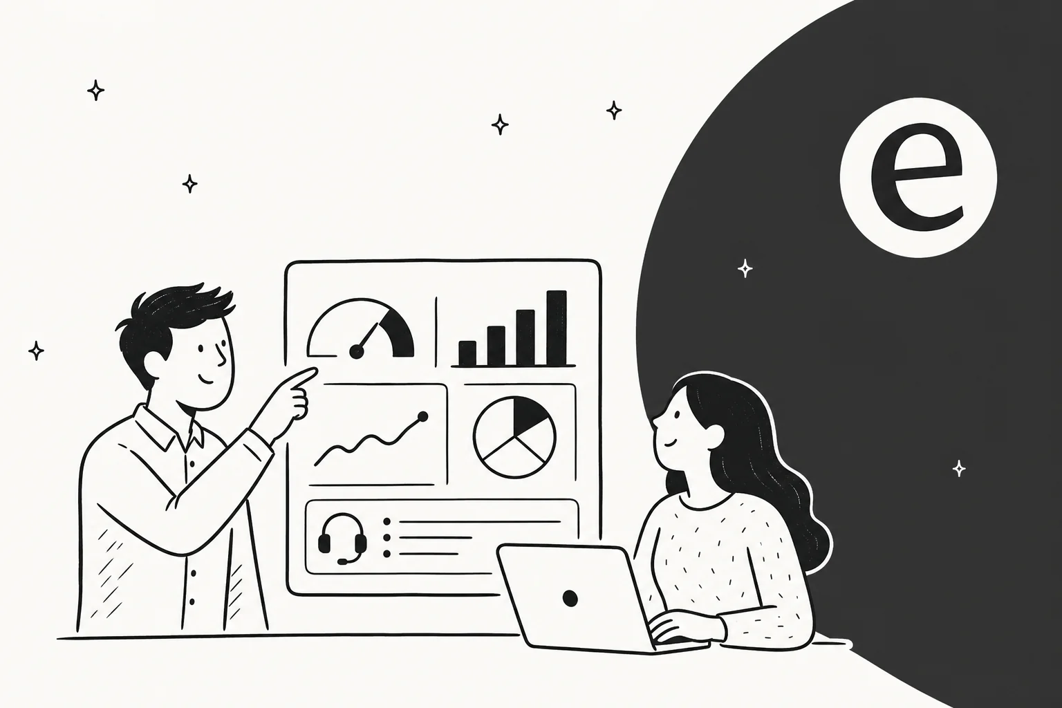 Illustration éditoriale dessinée à la main montrant des analyses IA mettant en lumière les scores de satisfaction client et les métriques de support