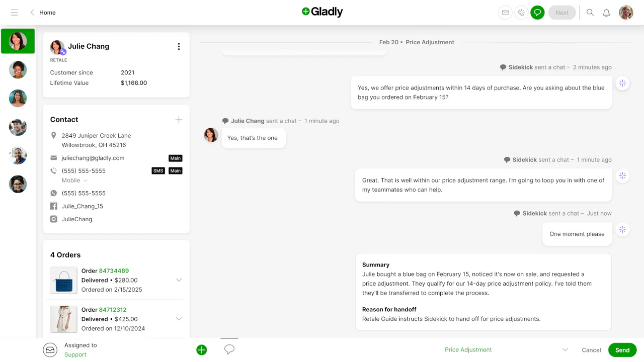 The Gladly agent workspace with a customer profile sidebar, live chat, and the Sidekick AI panel, as taken from Gladly