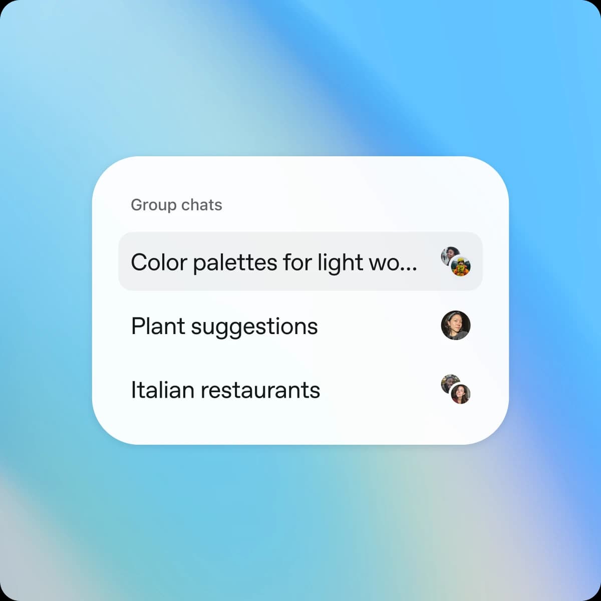 Ein Seitenpanel mit der Bezeichnung „Gruppenchats", das drei Threads zeigt – Farbpaletten, Pflanzvorschläge und Italienische Restaurants – jeder mit kleinen Teilnehmer-Avataren, aus OpenAIs Feature-Seite.