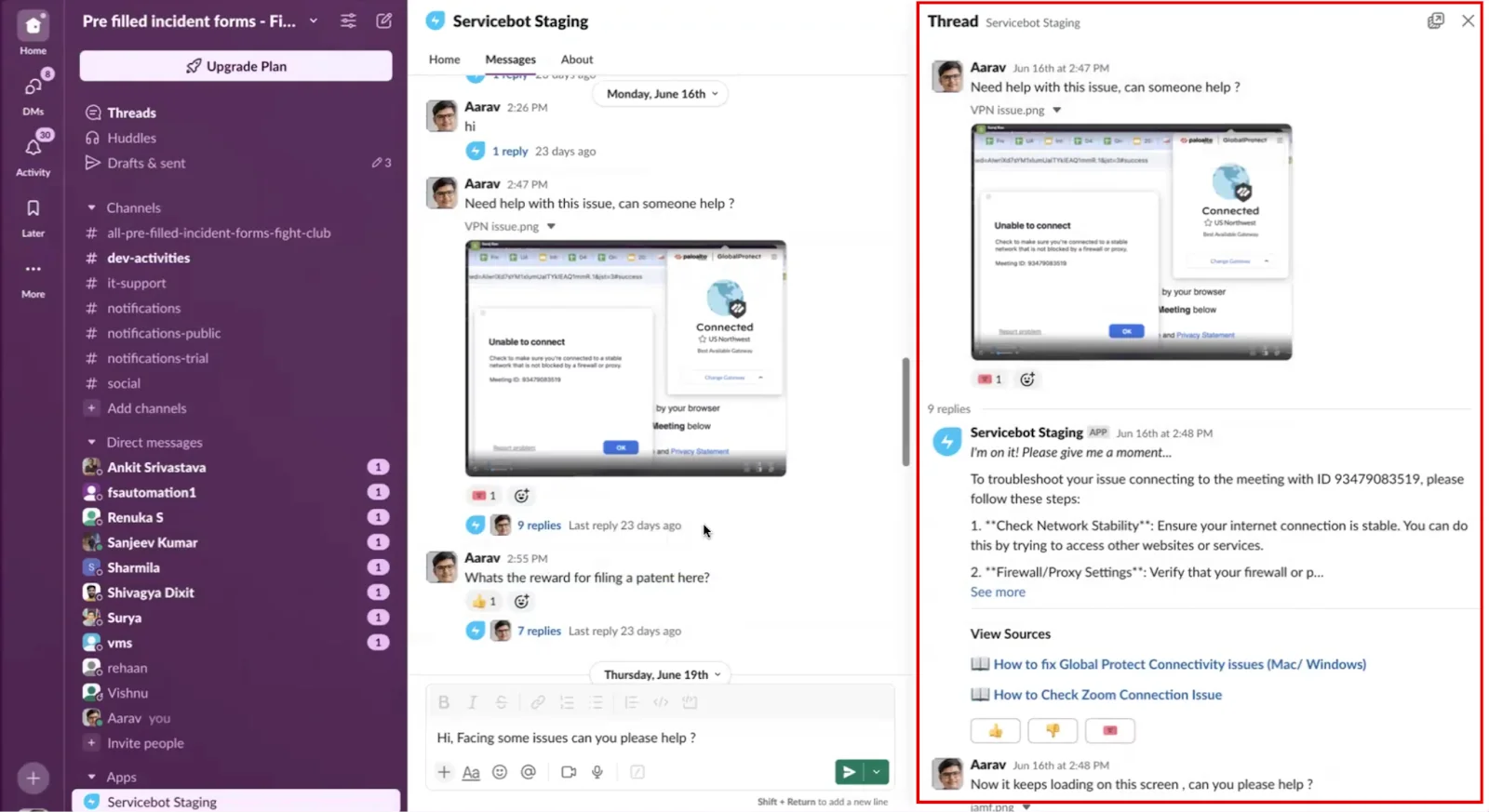 Freddy AI Agent (Servicebot) resolving a VPN connectivity issue inside Slack with linked source articles, as shown in Freshservice's support documentation