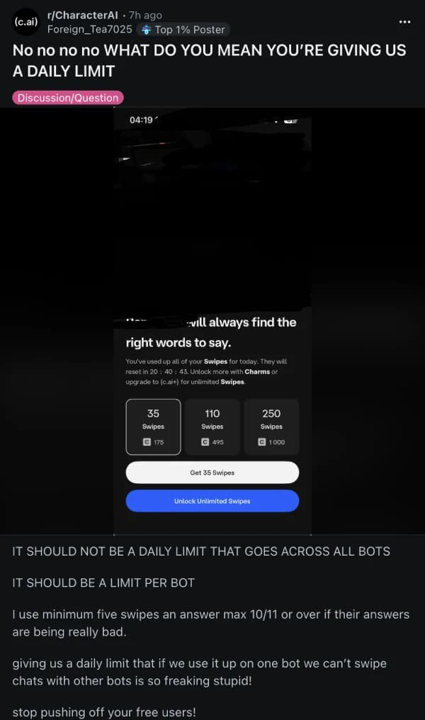 O prompt de compra de Charms no aplicativo mostrando que usuários gratuitos podem comprar 35 Swipes por 175 Charms, 110 Swipes por 495 Charms ou 250 Swipes por 1.000 Charms, conforme capturado em r/CharacterAI