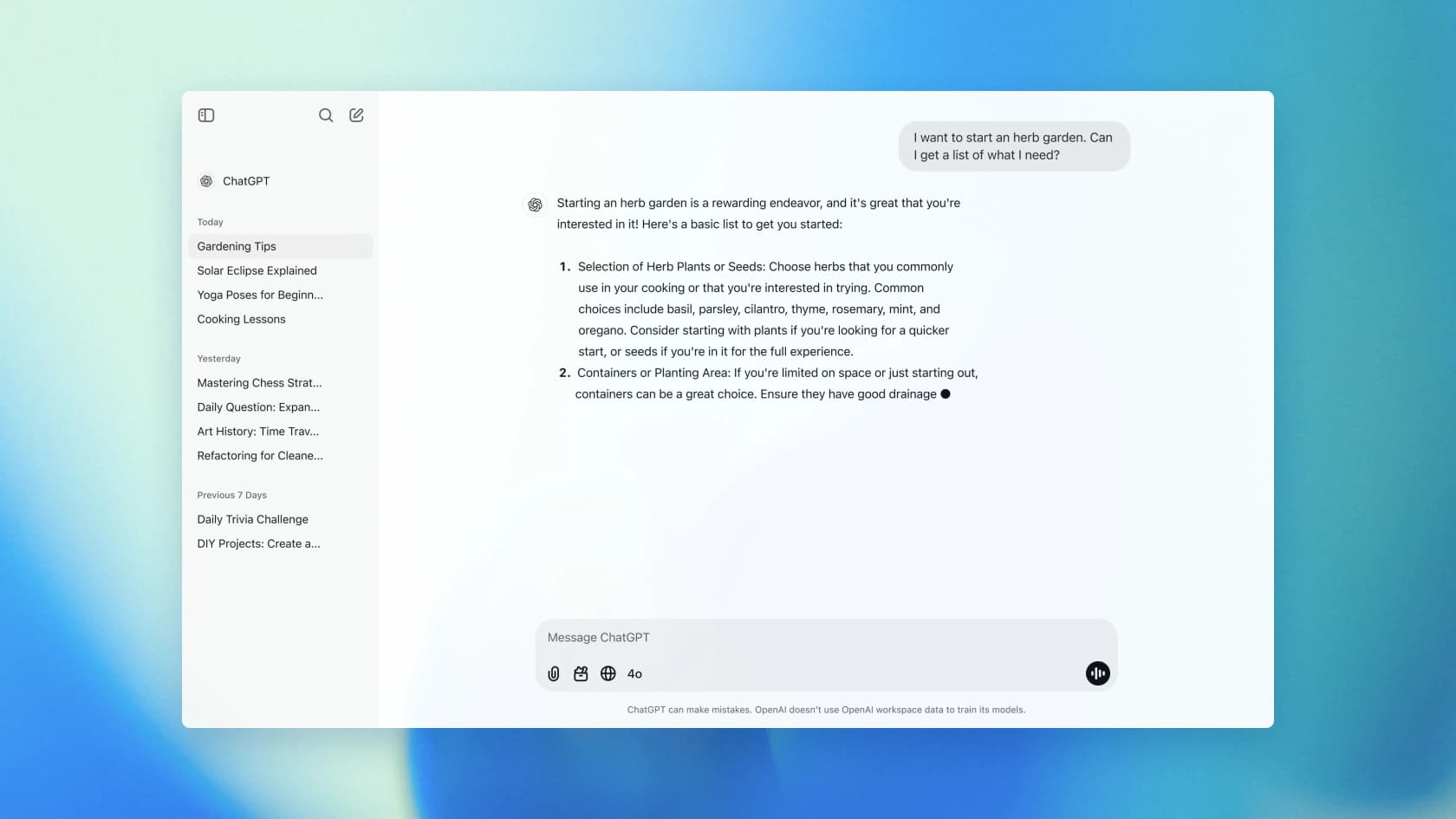 ChatGPT's chat interface showing a structured reply, as taken from OpenAI