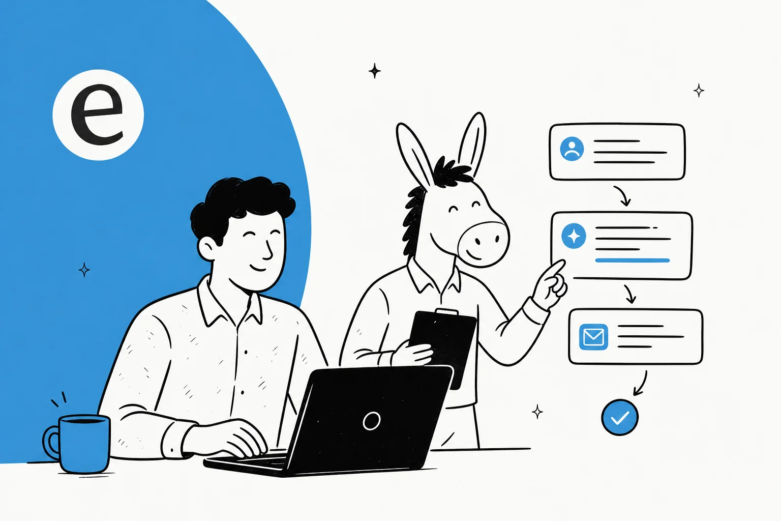 Illustration of a writer feeding an offer, a trigger, a prospect, and a voice sample into an AI composer that drafts a personalized cold email