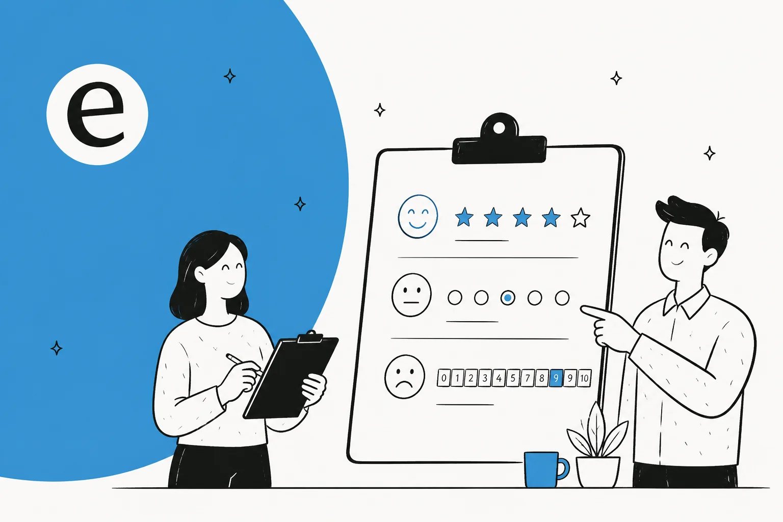 Illustration of customer satisfaction survey questions across CSAT, NPS, and CES rating scales