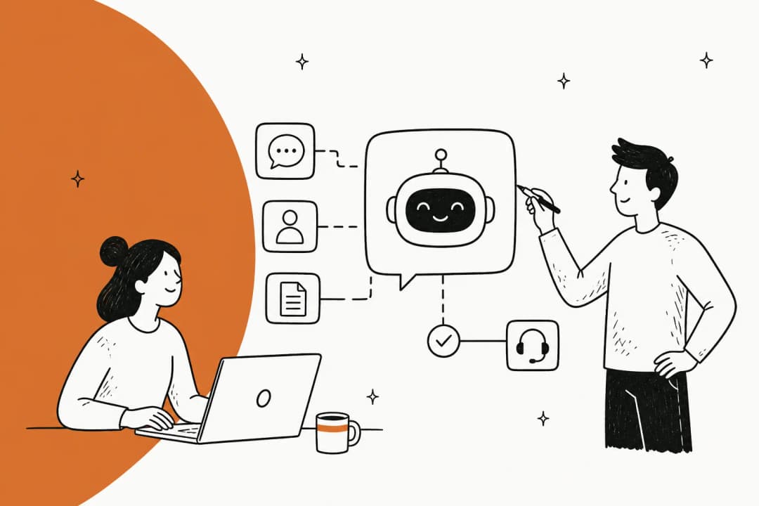 Illustration of a person training an AI support chatbot connected to chat, contact, and document sources