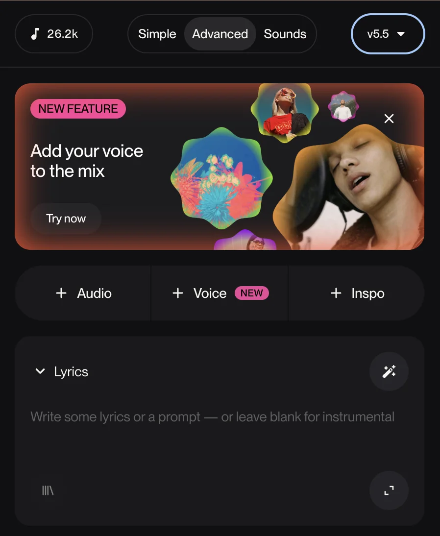 Suno's Create panel, where you now pick the v6 model from the top-right selector