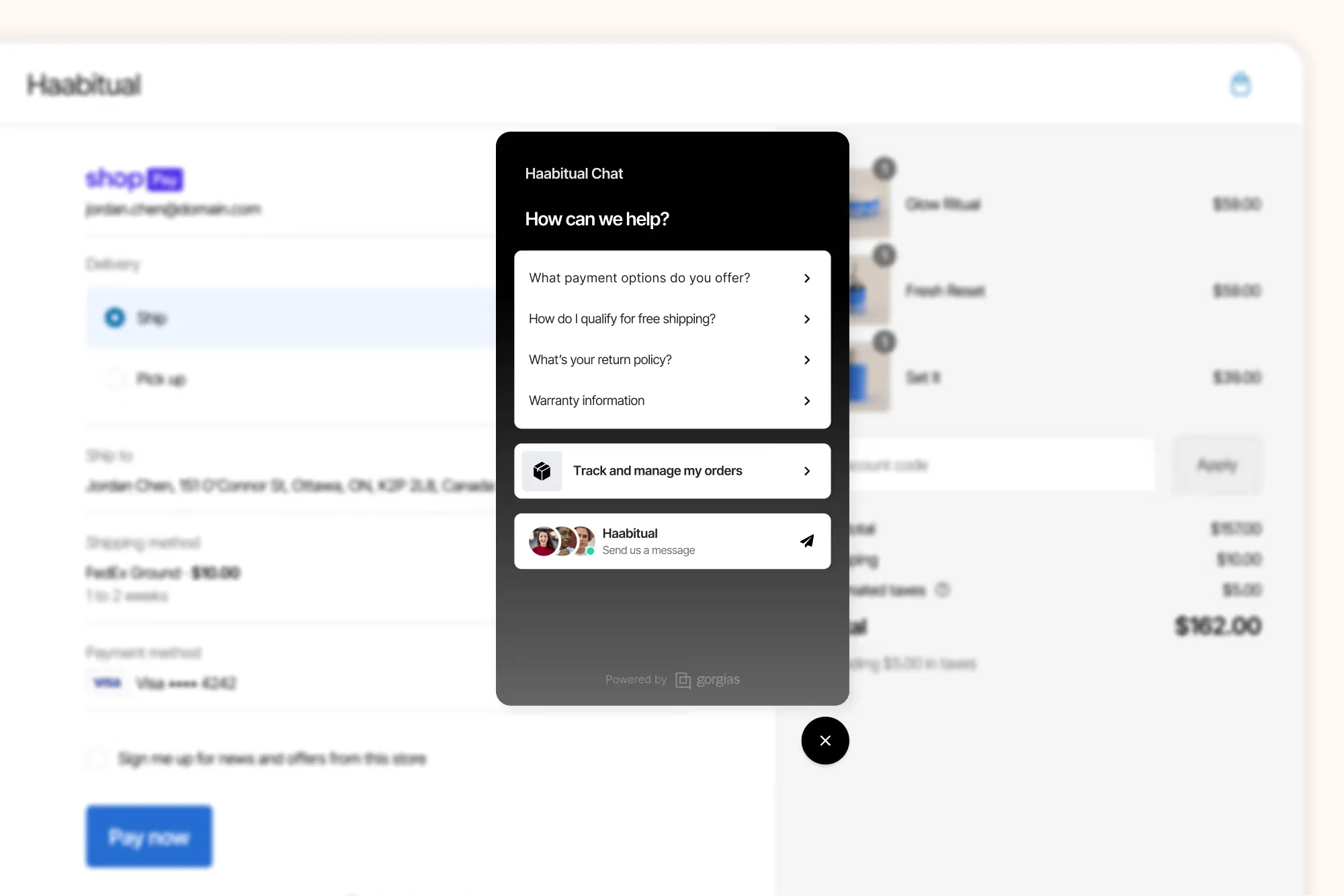 The Gorgias web widget open on a Shopify checkout page with quick-reply FAQs and order tracking, as taken from Gorgias