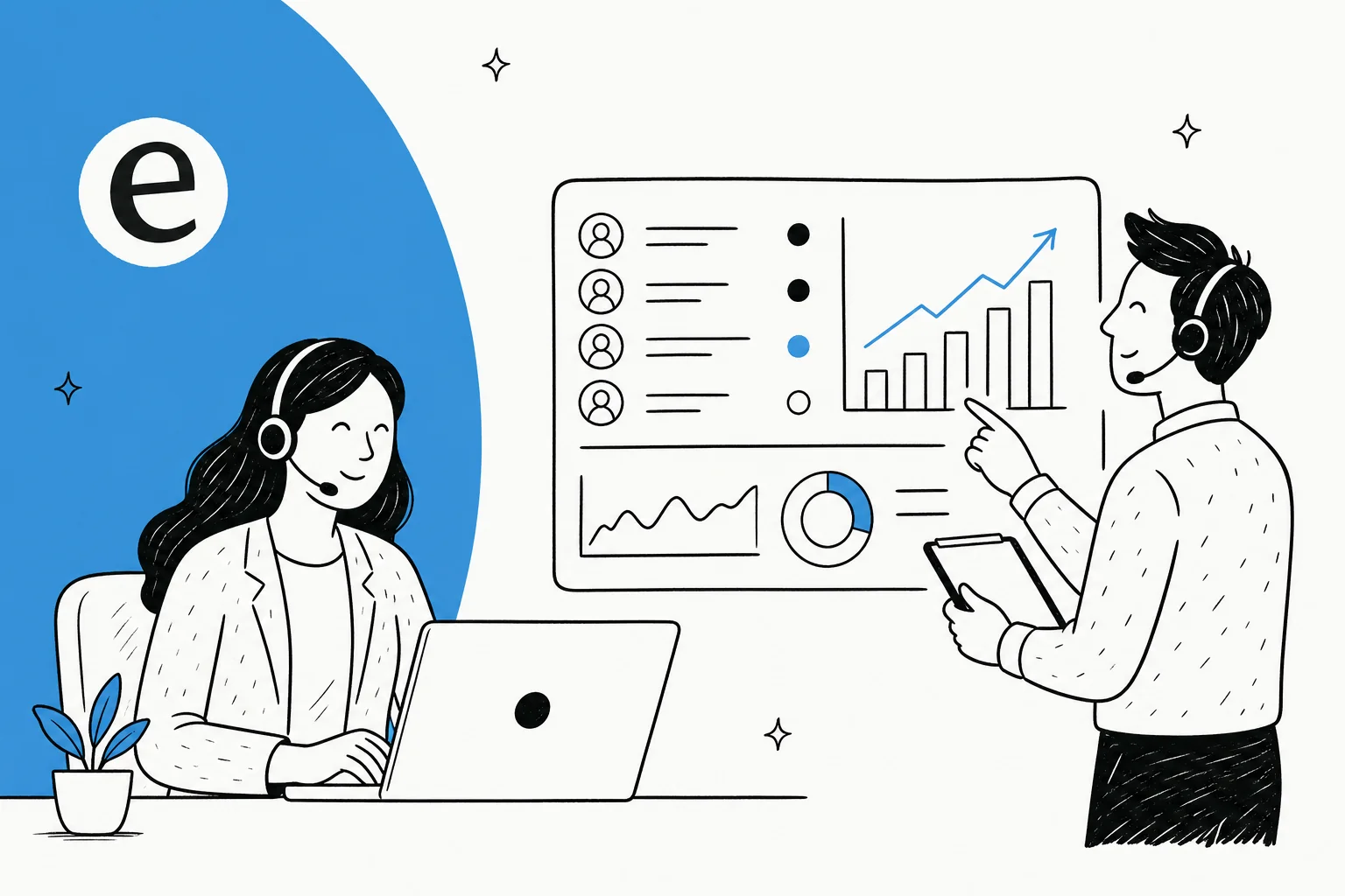 Illustration of a modern call center dashboard with rising performance charts and support headsets