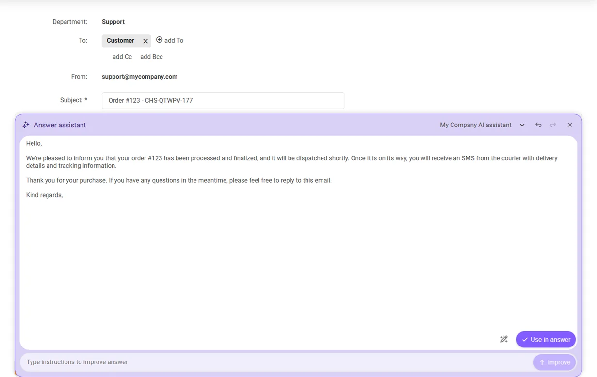 The Answer assistant panel showing a fully generated reply with a "Use in answer" button and a "Type instructions to improve answer" field, as taken from LiveAgent