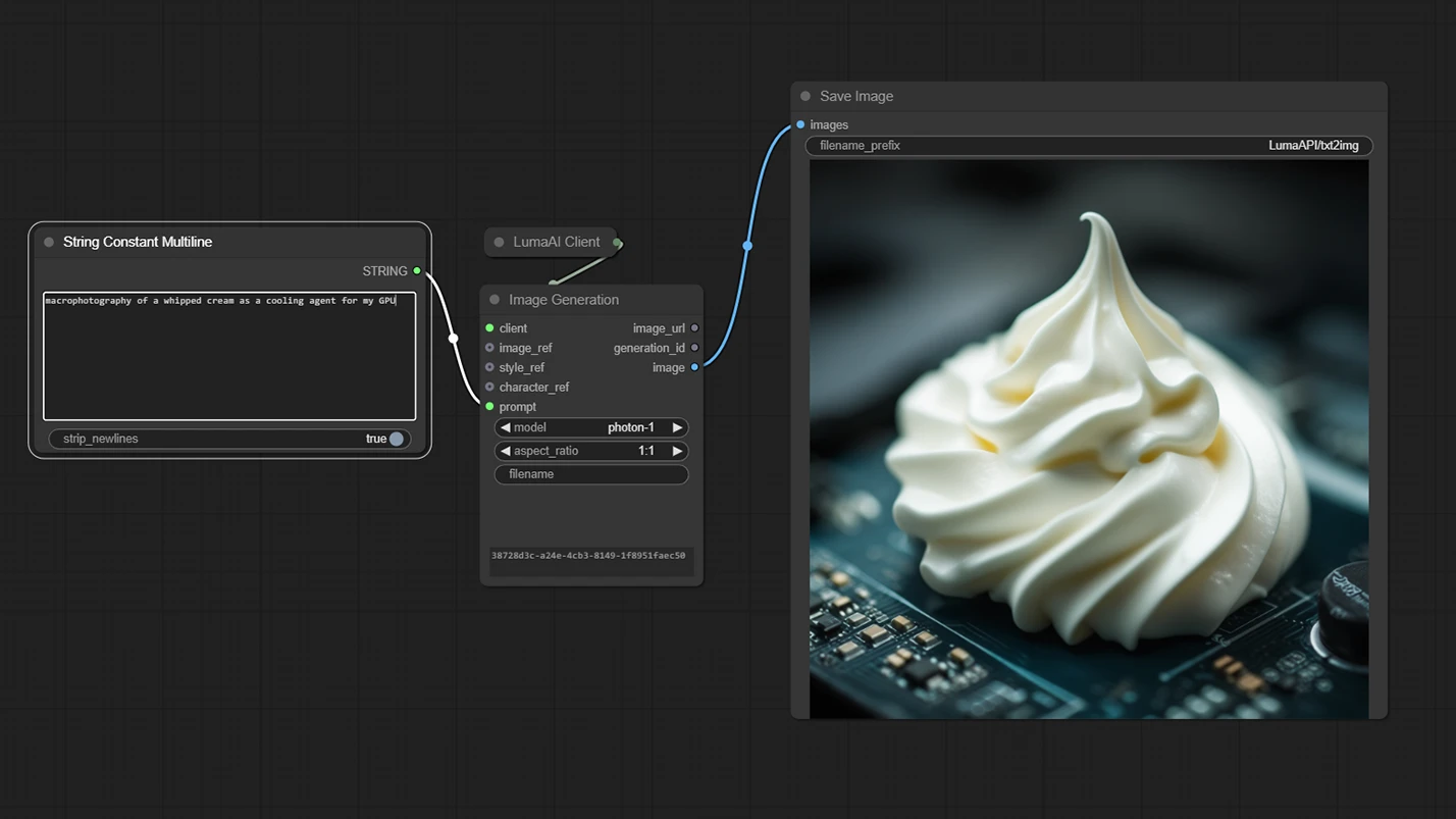 Luma API integriert in einen ComfyUI-Knotengraphen: Eine String-Konstante speist den LumaAI-Client und den Bildgenerierungsknoten (Modell photon-1, 1:1 Aspekt) in Save Image, von Luma