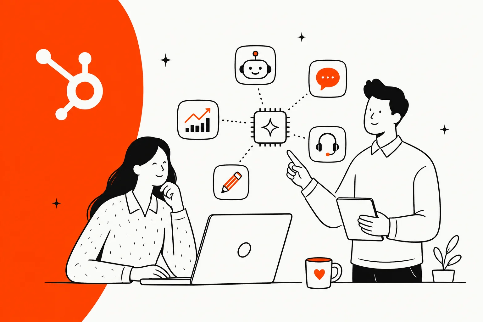 Illustration of the best AI tools for HubSpot Service Hub, with the HubSpot logo