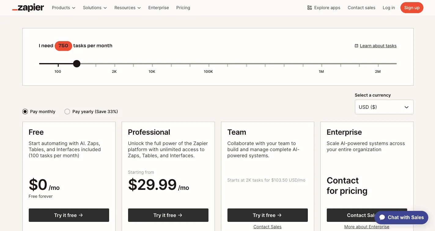Página de preços do Zapier mostrando o controle deslizante de tarefas definido para 750 tarefas e os quatro cards de planos — Gratuito em $0, Professional a partir de $29,99/mês (faturamento mensal mostrado), Team a partir de $103,50/mês, Enterprise sob consulta, conforme retirado do Zapier
