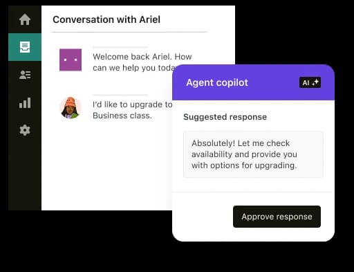 Panel de Zendesk Agent Copilot mostrando una respuesta sugerida a la solicitud de actualización de un cliente con un botón "Aprobar respuesta", tomado de G2
