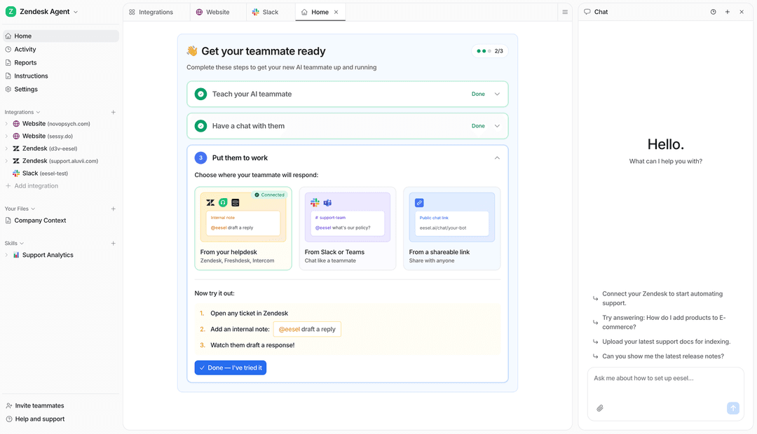 eesel dashboard showing a Get your teammate ready checklist and chat panel