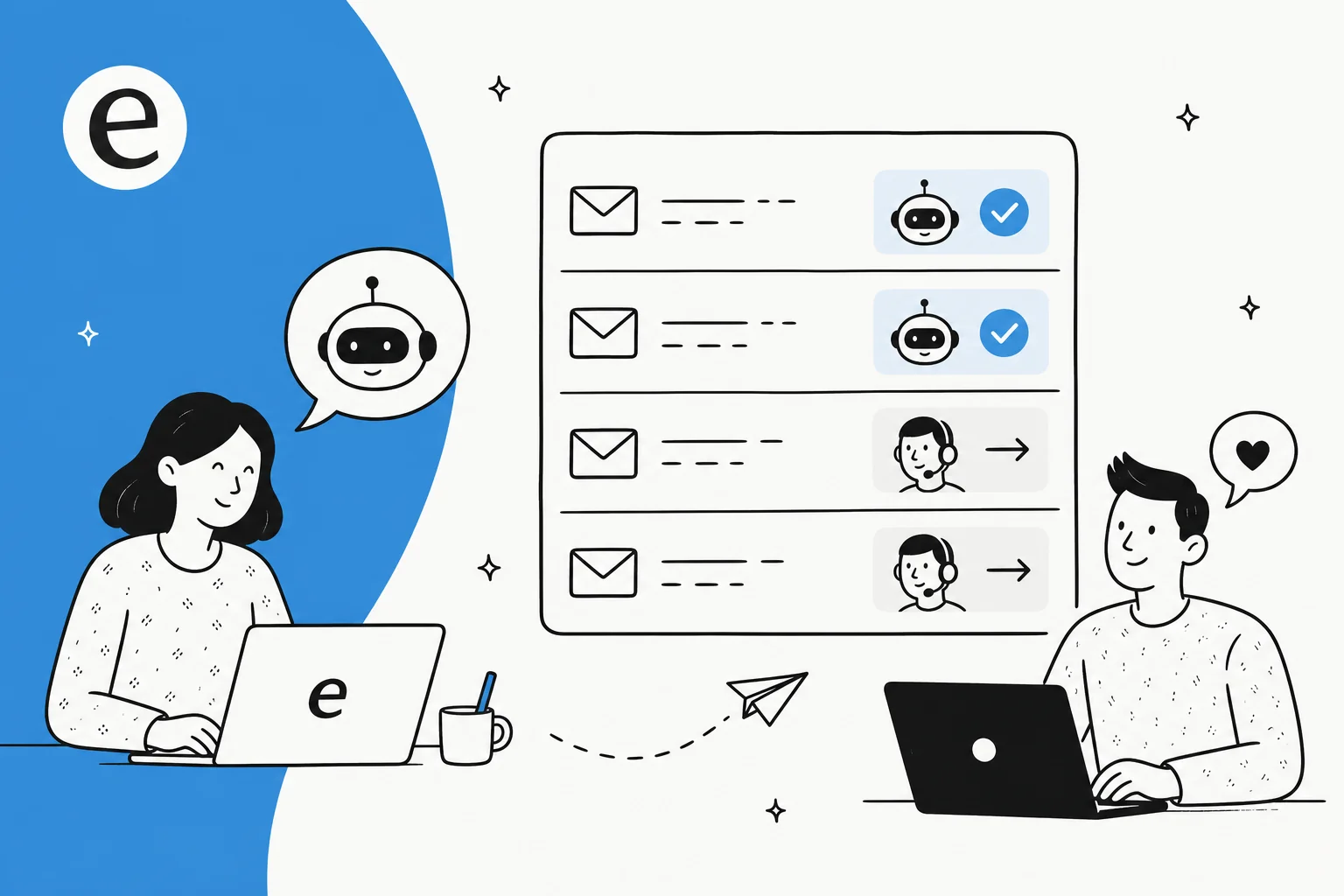 Illustration of an AI teammate sorting an inbox of customer emails, auto-answering some and routing others to a human