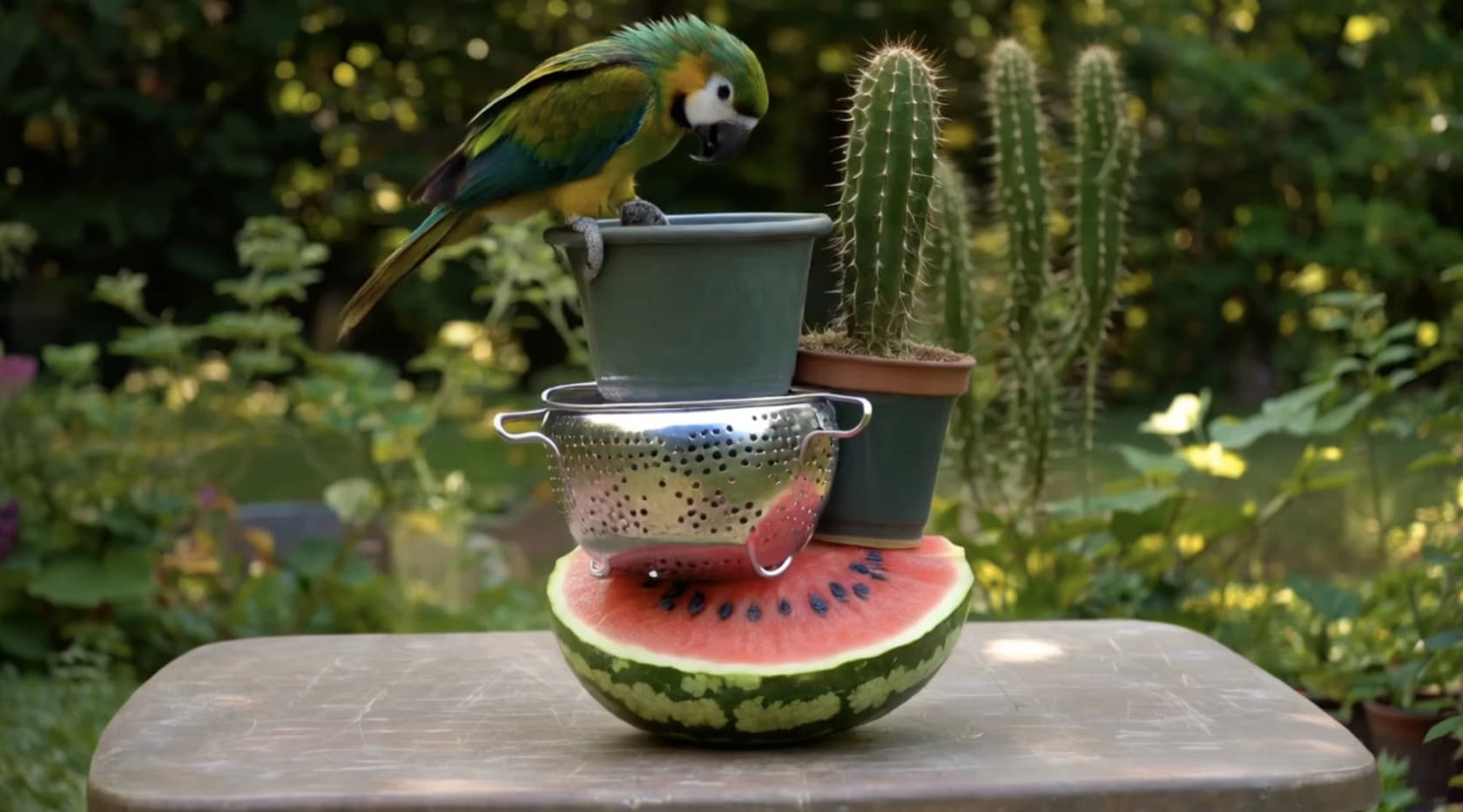 Gen-4.5 fotorealistische Ausgabe: ein Papagei auf einem Stapel aus Wassermelone, Sieb und Kaktus, von Runway