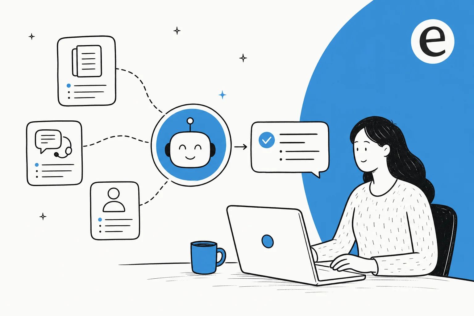 Illustration of scattered support knowledge being unified into one AI-searchable knowledge layer