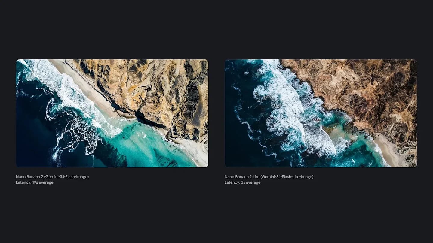 A 2-panel comparison of an aerial coastline shot with breaking waves, comparing Nano Banana 2's 19-second generation against Nano Banana 2 Lite's 3-second generation, as taken from Google DeepMind's model page