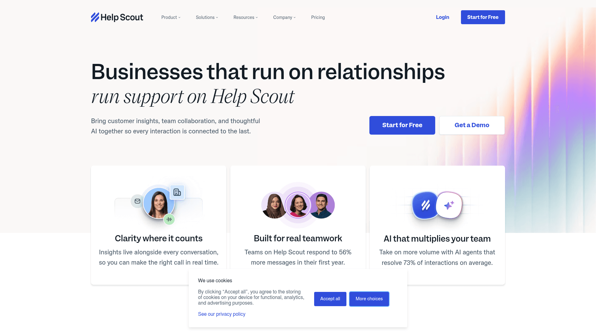 The Help Scout homepage, showing its shared inbox and knowledge base positioning