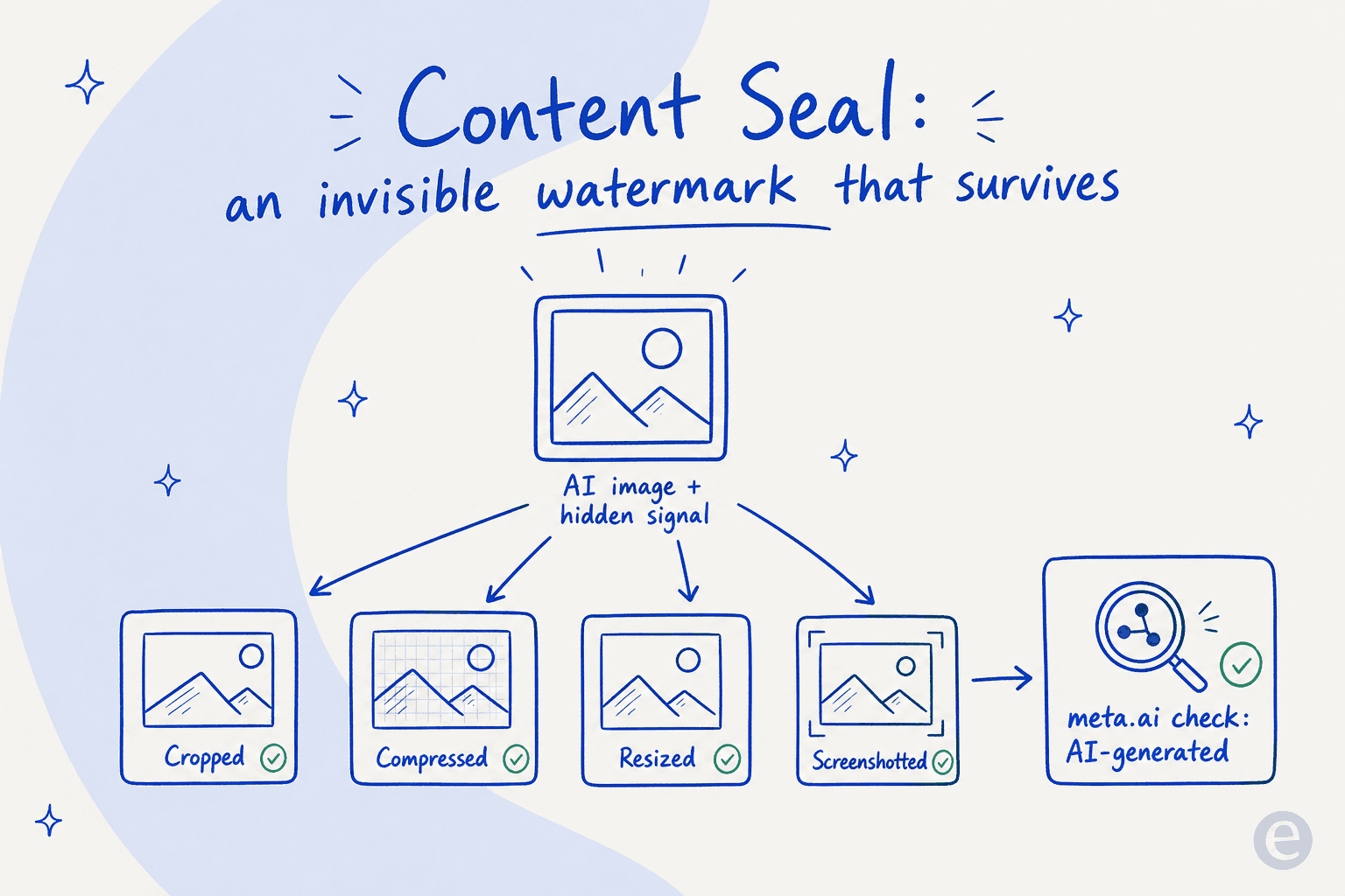 Infografik, die zeigt, wie ein Content-Seal-Wasserzeichen Zuschneiden, Komprimierung, Skalierung und Screenshots übersteht und anschließend von einem Detektor bestätigt wird