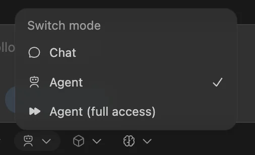 Codex mode switcher menu offering Chat, Agent, and Agent (full access) options, as shown in OpenAI's Codex IDE documentation
