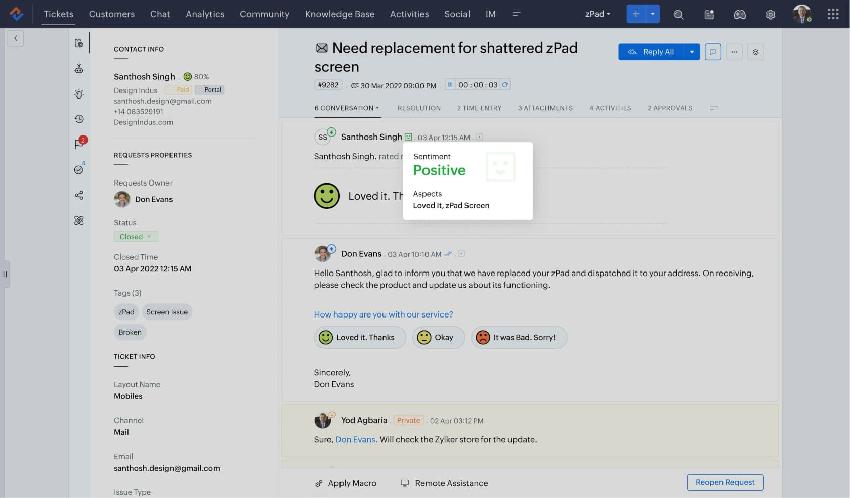 The Zoho Desk agent workspace with an open ticket, sentiment popover, and properties sidebar, as taken from Zoho