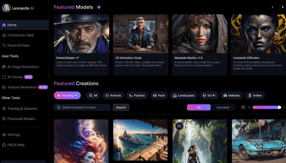Die Leonardo.AI App: Seitenleiste mit AI Image Generation, AI Canvas und Training, plus das Featured Models Grid (DreamShaper, 3D Animation Style, Absolute Reality)