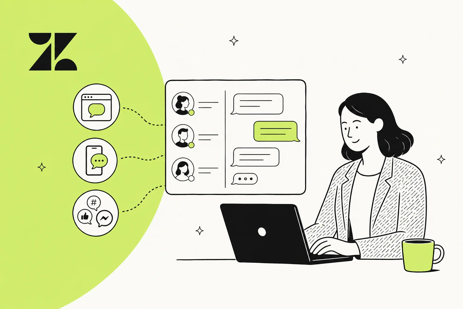 Editorial illustration of the Zendesk messaging app with web widget and social channels feeding one inbox