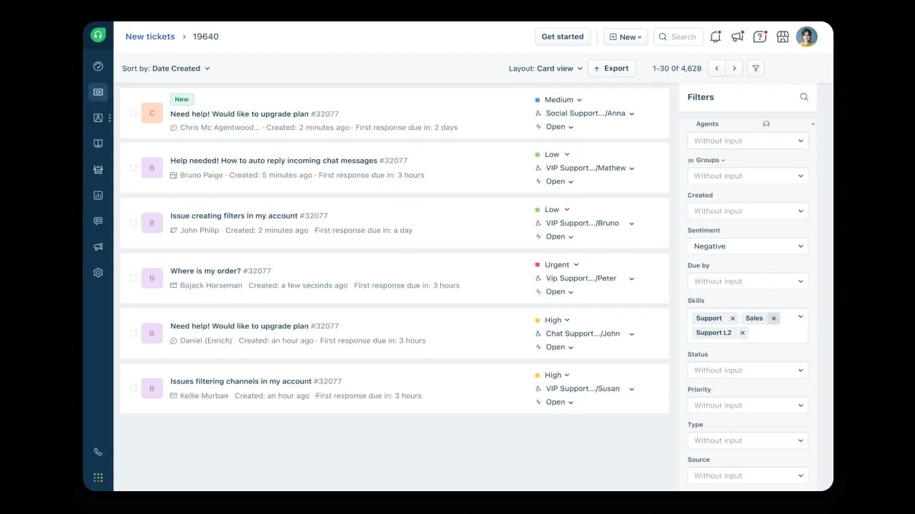 The Freshdesk agent ticket queue, with SLA timers, assignees, and a filters panel, as taken from Freshworks