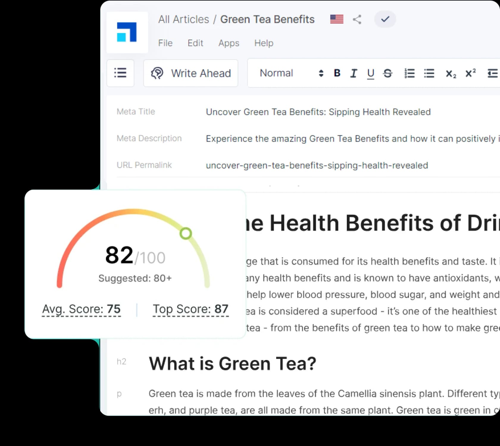 Scalenut's content editor with a live SEO score gauge reading 82 out of 100, as taken from Scalenut