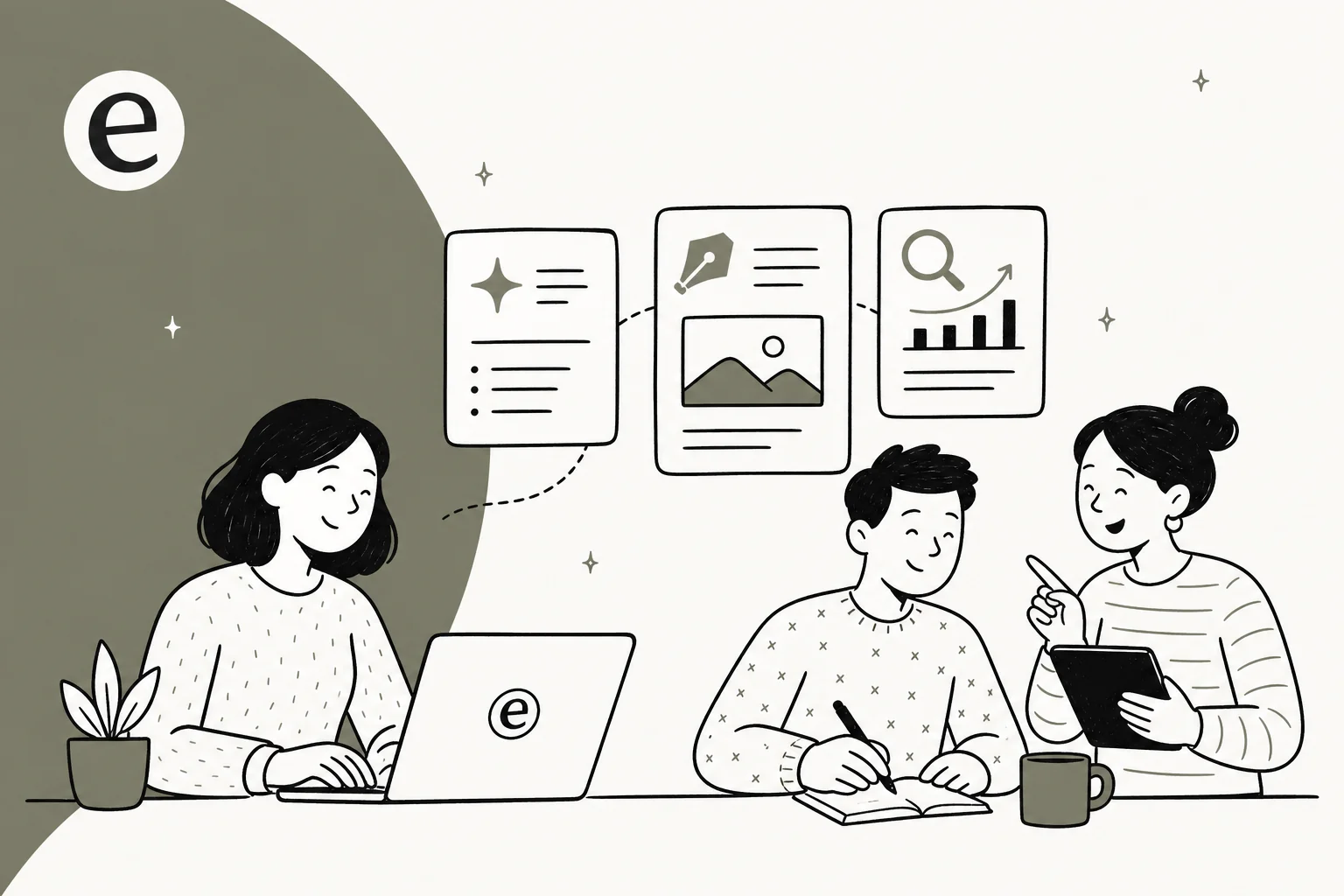 Illustration of free AI tools for blog writing arranged as a workflow from research to draft to publish