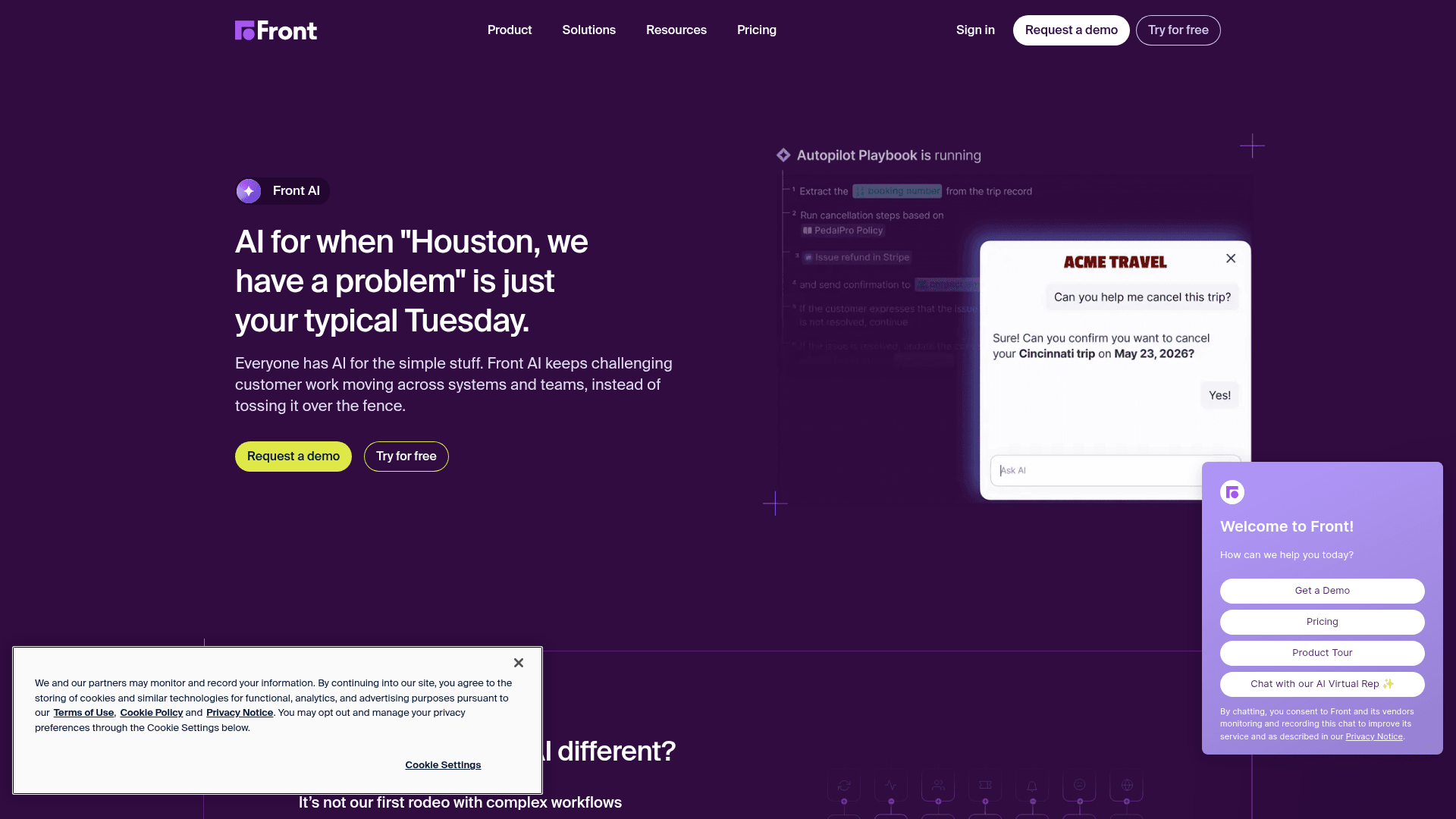 Front AI product page showing Autopilot and Copilot for complex customer operations, as taken from Front