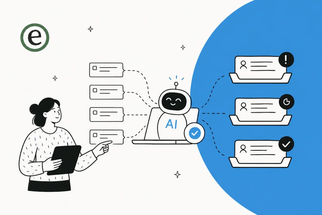 Illustration of AI sorting incoming support tickets by urgency into a routed queue