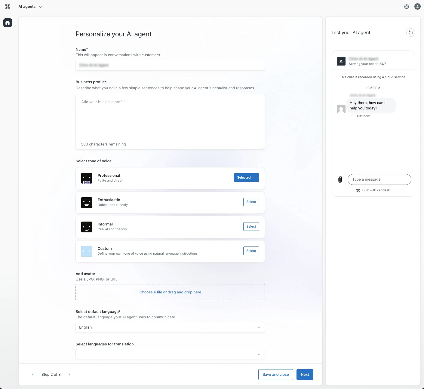 Personalisierungsschritt mit Ton-Presets und Spracheinstellungen, entnommen aus Zendesk help