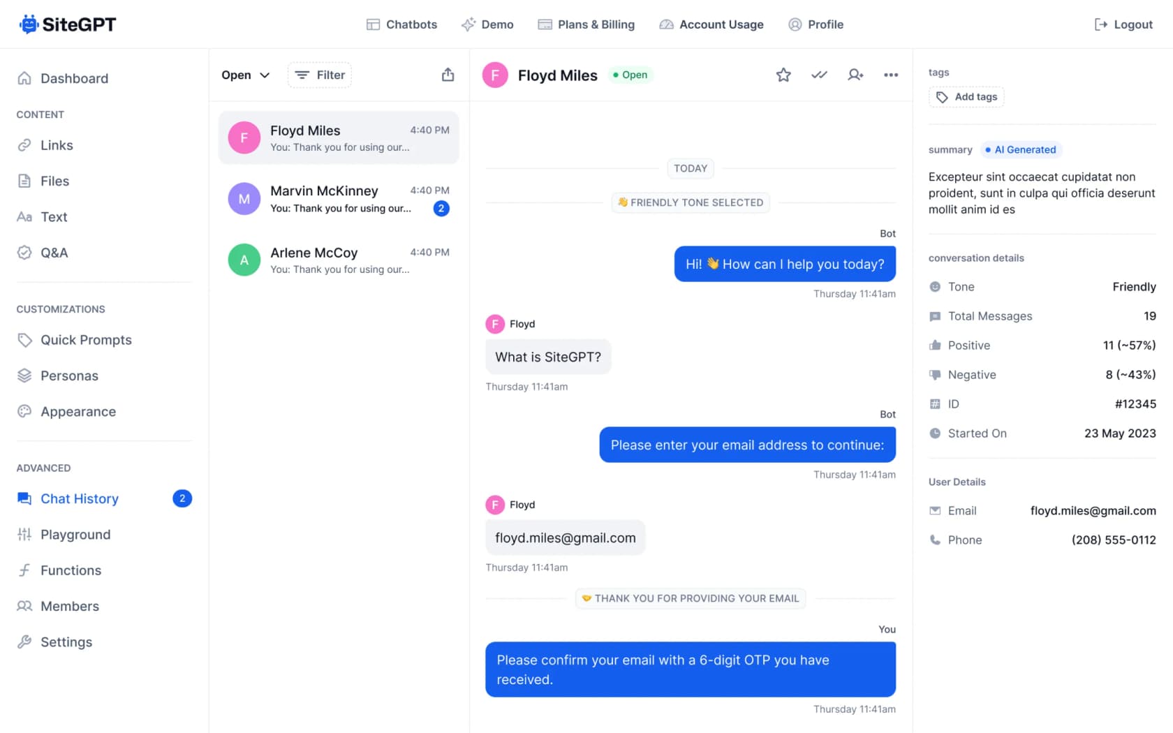 SiteGPT chat history inbox showing a conversation with tone, sentiment and message analytics in the right rail, as taken from SiteGPT