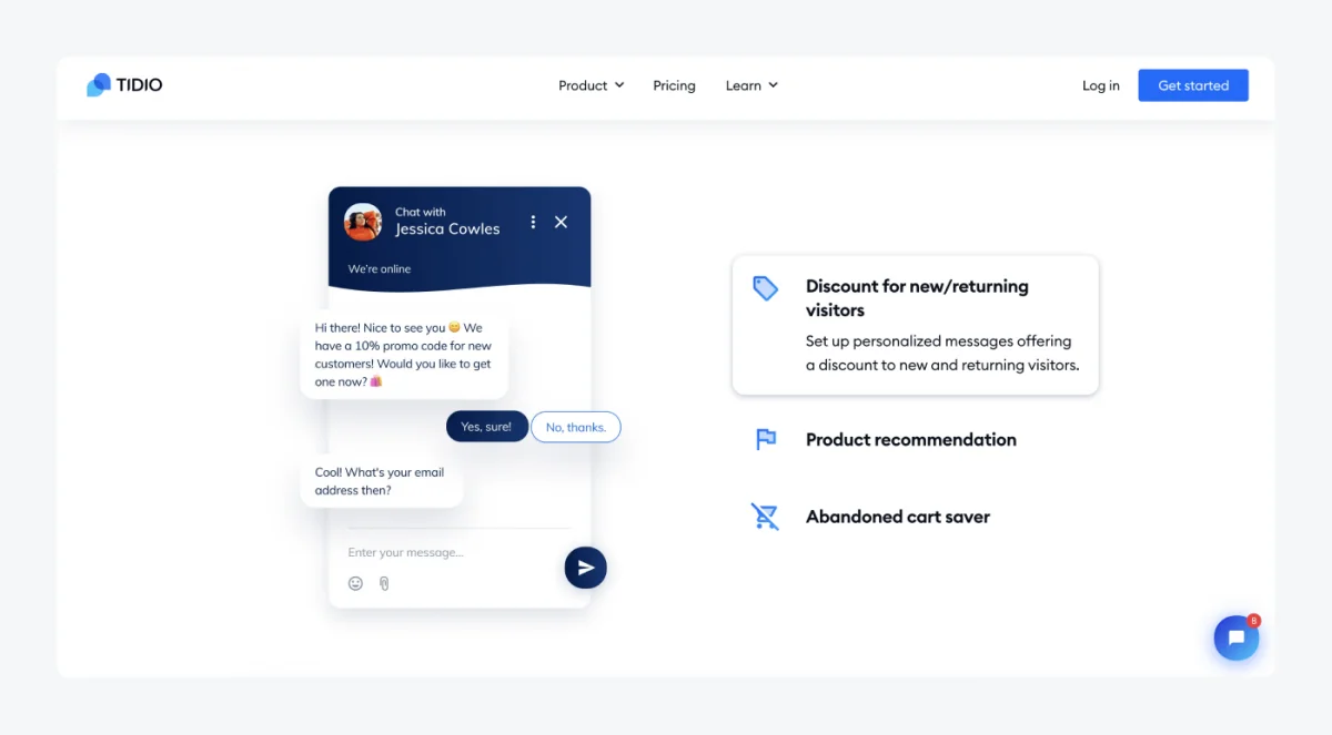 Tidio-Chatbot-Seite mit Lyro AI in Aktion fuer den E-Commerce-Kundensupport, entnommen von Tidio