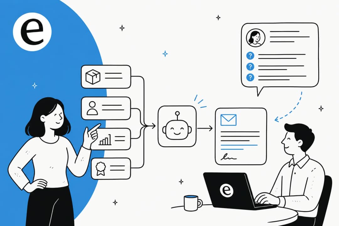 Illustration of product context, a buyer signal and proof points being fed into an AI tool that outputs personalized outbound sales emails, with a reply bubble full of questions