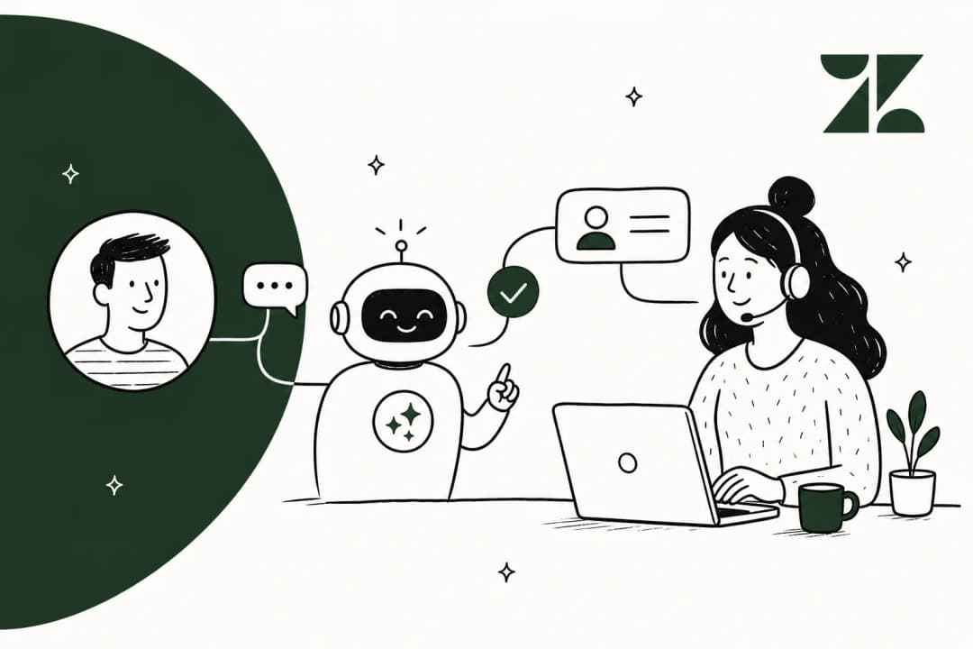 Ilustracao de um bot de IA do Zendesk respondendo a um cliente enquanto um agente de suporte trabalha ao lado