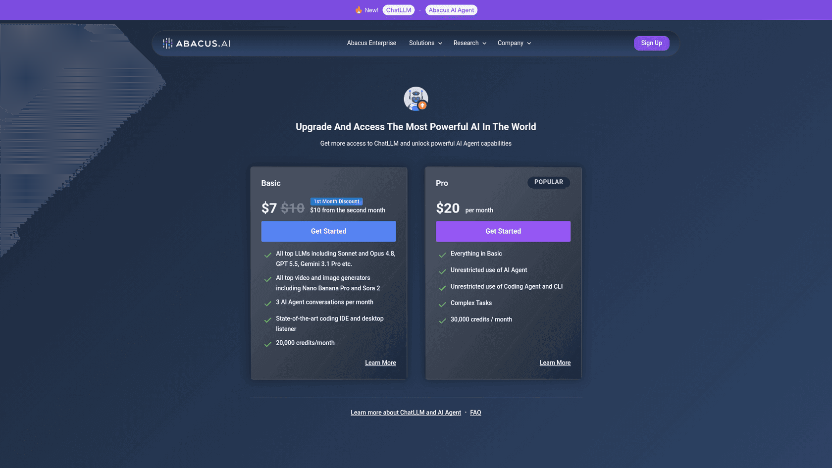 The Abacus AI pricing page showing the Basic and Pro ChatLLM tiers, as taken from Abacus.AI