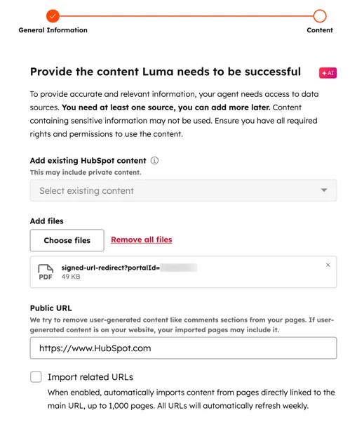 HubSpot Customer Agent content-source setup, showing options to add HubSpot content, files, and a public URL