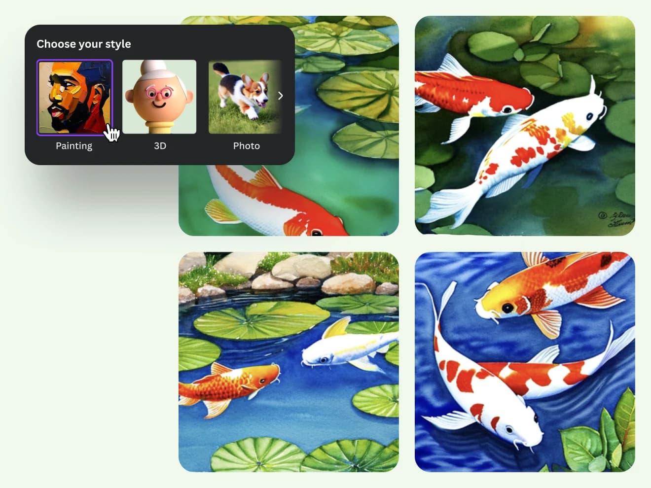 Selector de estilo de Canva AI mostrando opciones de Pintura, 3D y Foto con variaciones de imagen de peces koi