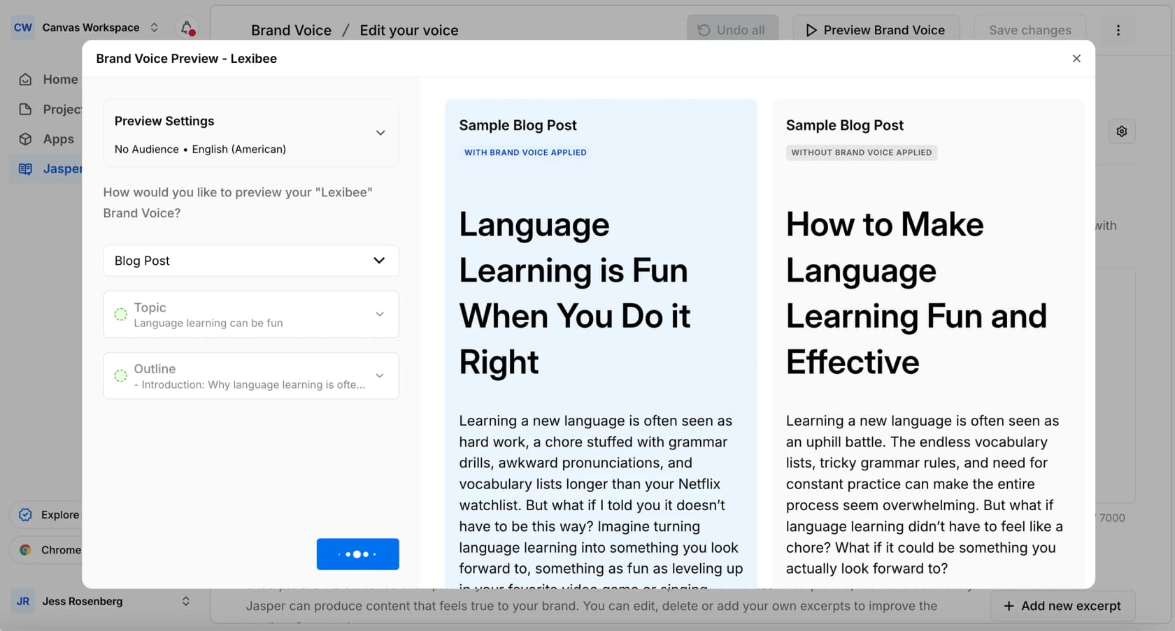 Vista previa de Jasper Canvas Brand Voice que muestra una comparación lado a lado de una entrada de blog escrita con y sin Brand Voice aplicado, tal como se ve en Jasper
