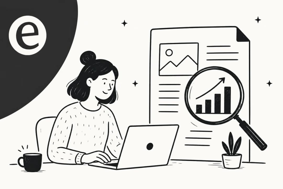 Editorial illustration of a writer at a desk with a magnifying glass over a rising search-ranking chart