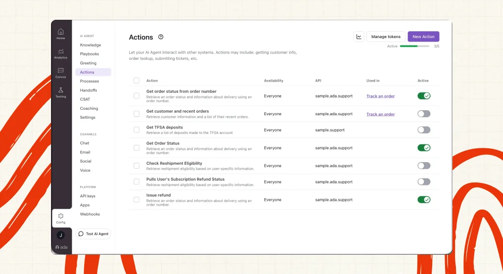 Ada's Actions setup screen, where the AI agent is configured to take real actions like checking order status and issuing refunds