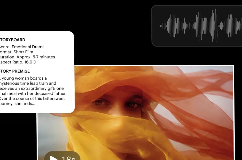 Dream Machine Workspace - Storyboard-Panel, Audio-Wellenform und 18-sekündige Videovorschau, von Luma