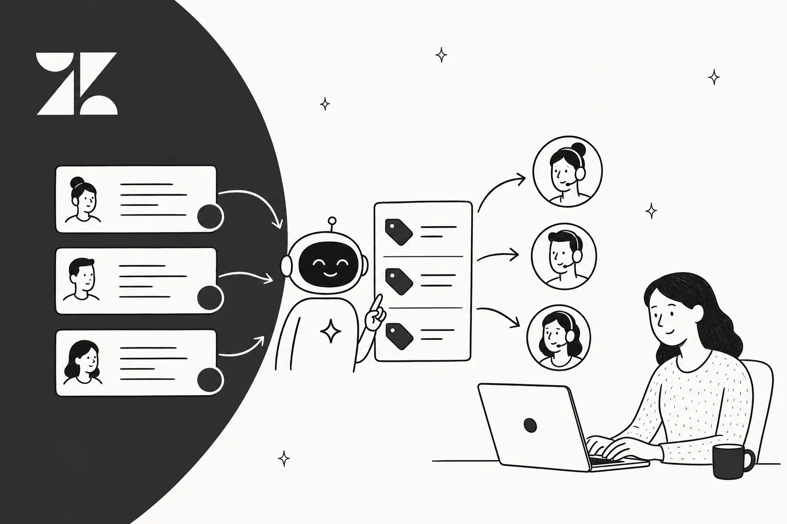Banner editorial desenhado à mão de tickets do Zendesk sendo marcados automaticamente por um assistente de IA